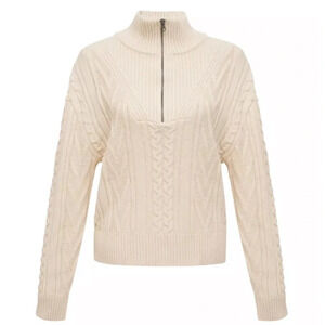 Monrow‎ Cable Knit Half Zip Sweater Cream Large